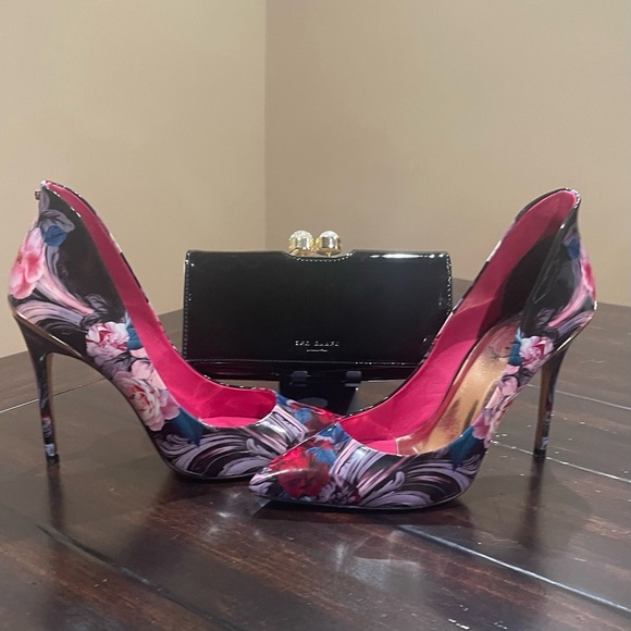 Ted Baker Set- Forget Me Not Floral High Heels and Black Clutch Wallet - Picture 1 of 15